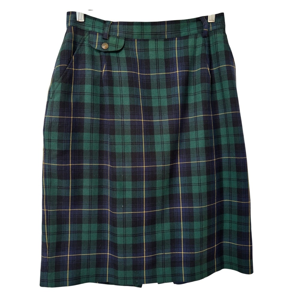 Tabi International Vintage Plaid Pencil Skirt Green Navy Yellow Size 14 Pocket